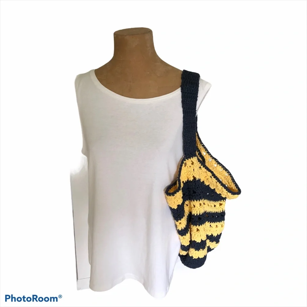 Handmade Crochet Tote Indigo Yellow Stripes